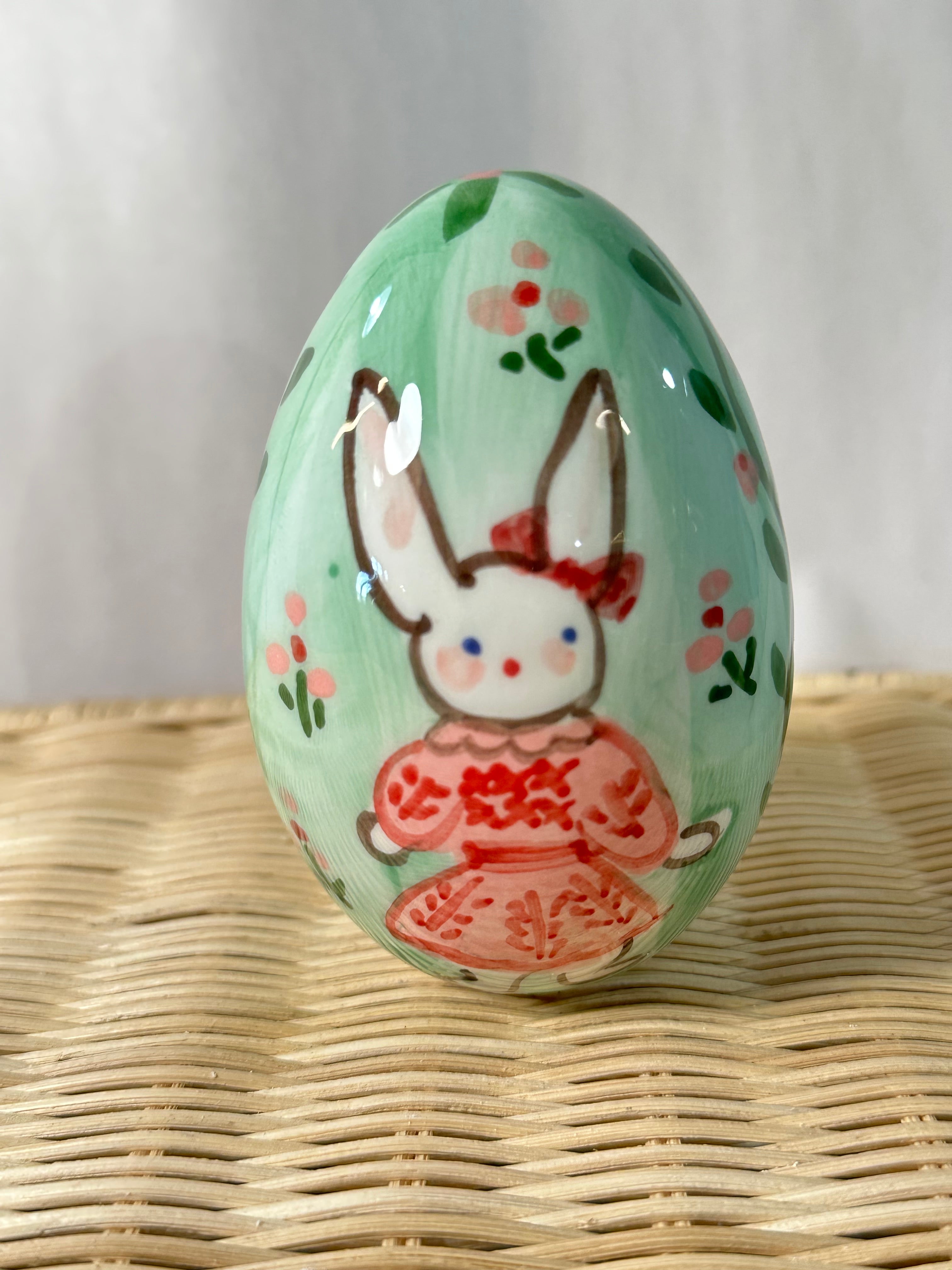 Handpainted Easter Egg - Green with Red Bunny Girl - Premium  from Tricia Lowenfield Design 