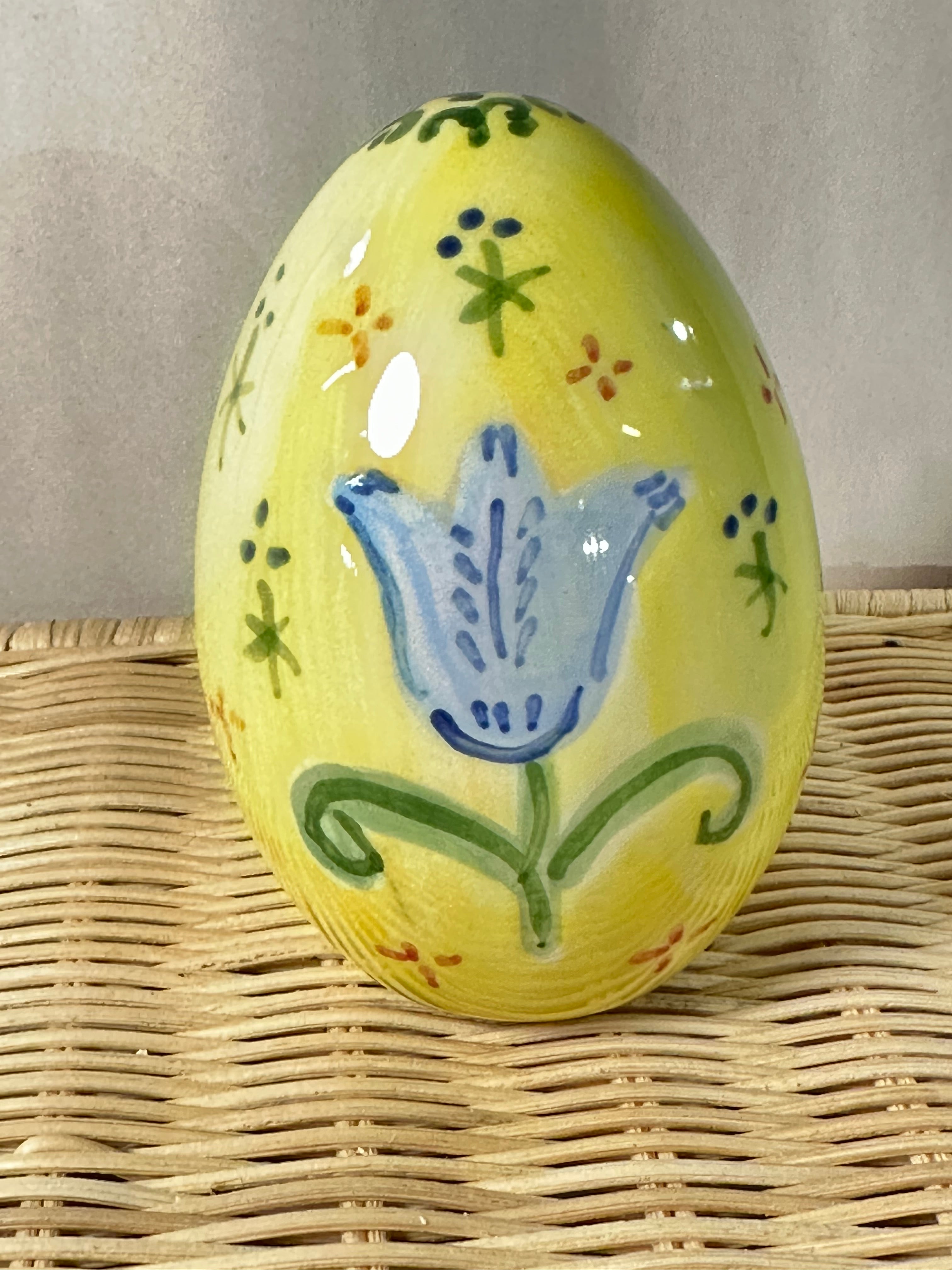 Handpainted Easter Egg - Yellow with Blue Tulip - Premium  from Tricia Lowenfield Design 