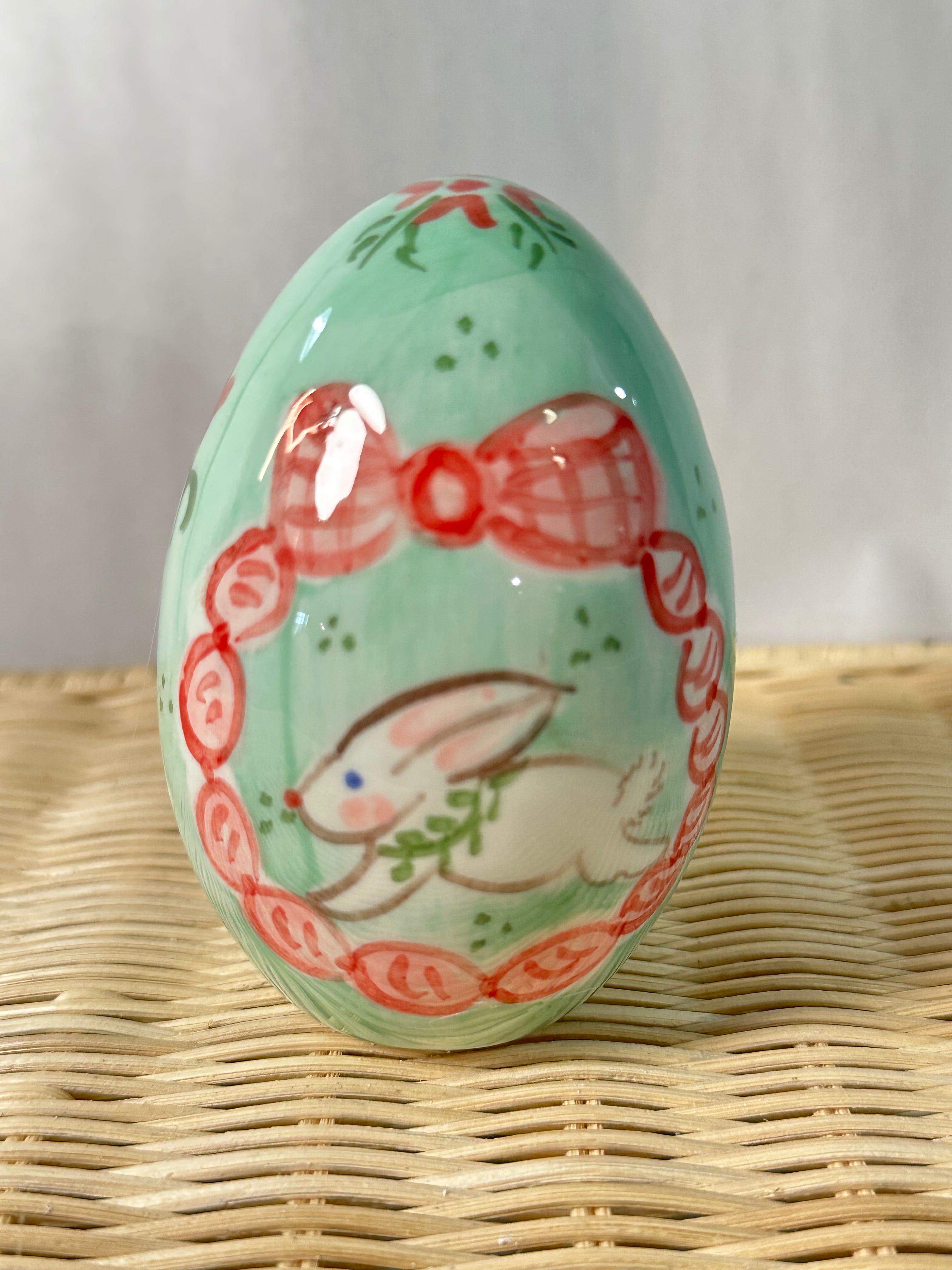 Handpainted Easter Egg - Green with Bunny and Bow Wreath - Premium  from Tricia Lowenfield Design 