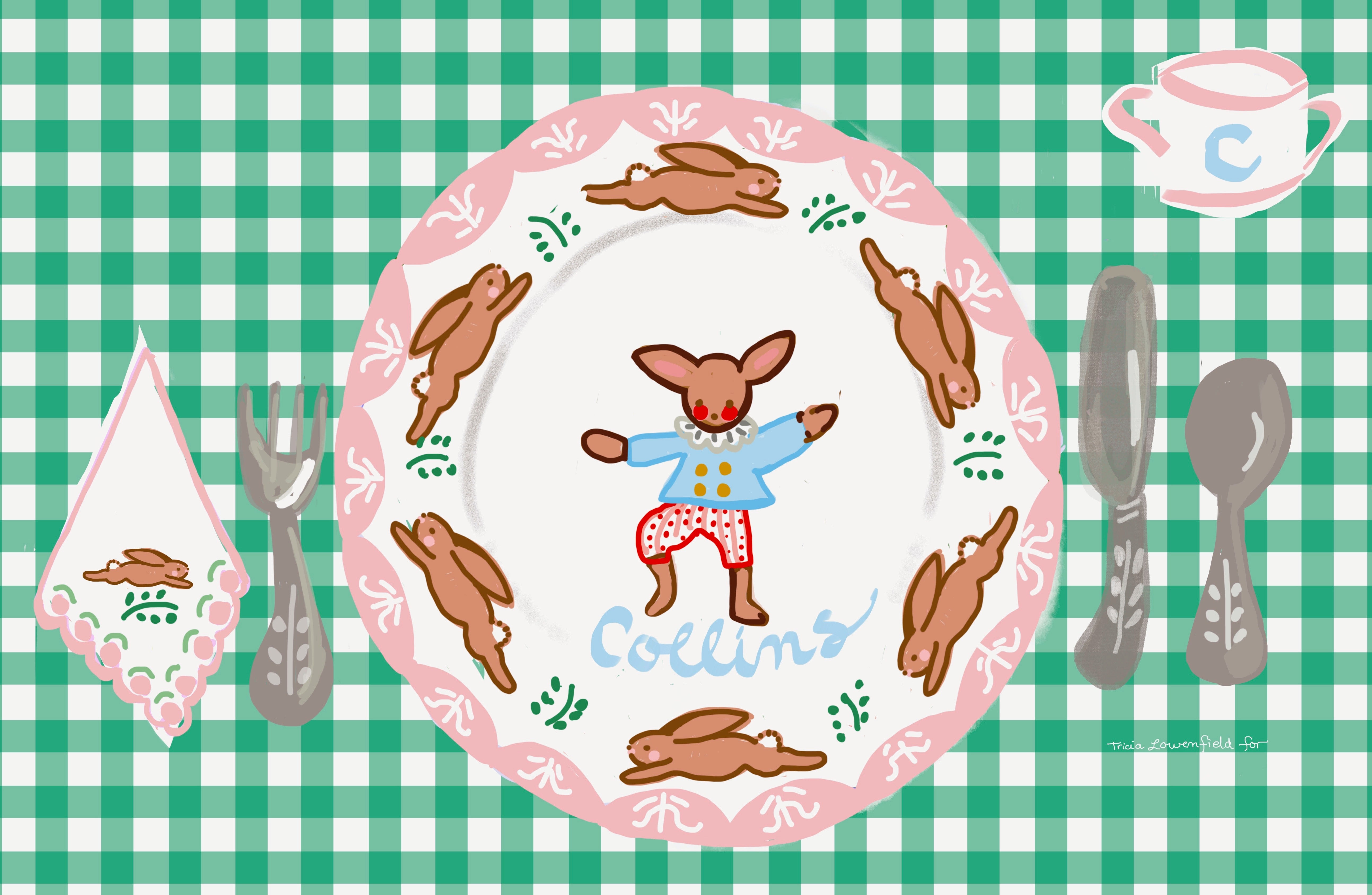 Laminated Placemat - Bunny on Green Gingham - Premium  from Tricia Lowenfield Design 