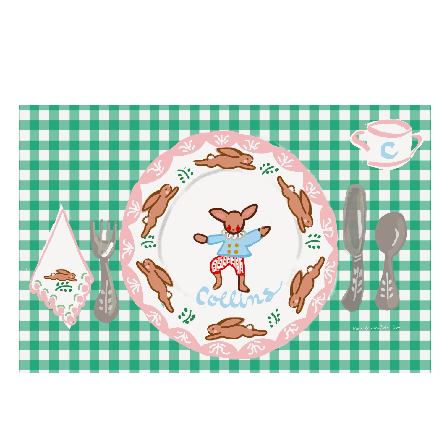 Laminated Placemat - Bunny on Green Gingham - Premium  from Tricia Lowenfield Design 